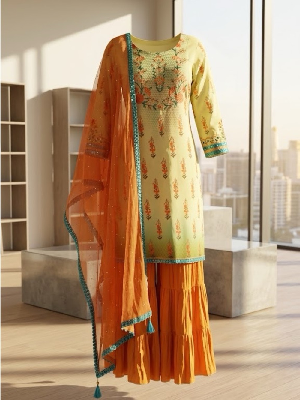 Gorgeous Embroidered Sharara/Gharara Suit - 3 Pc Set | Size Medium (Chest 36)